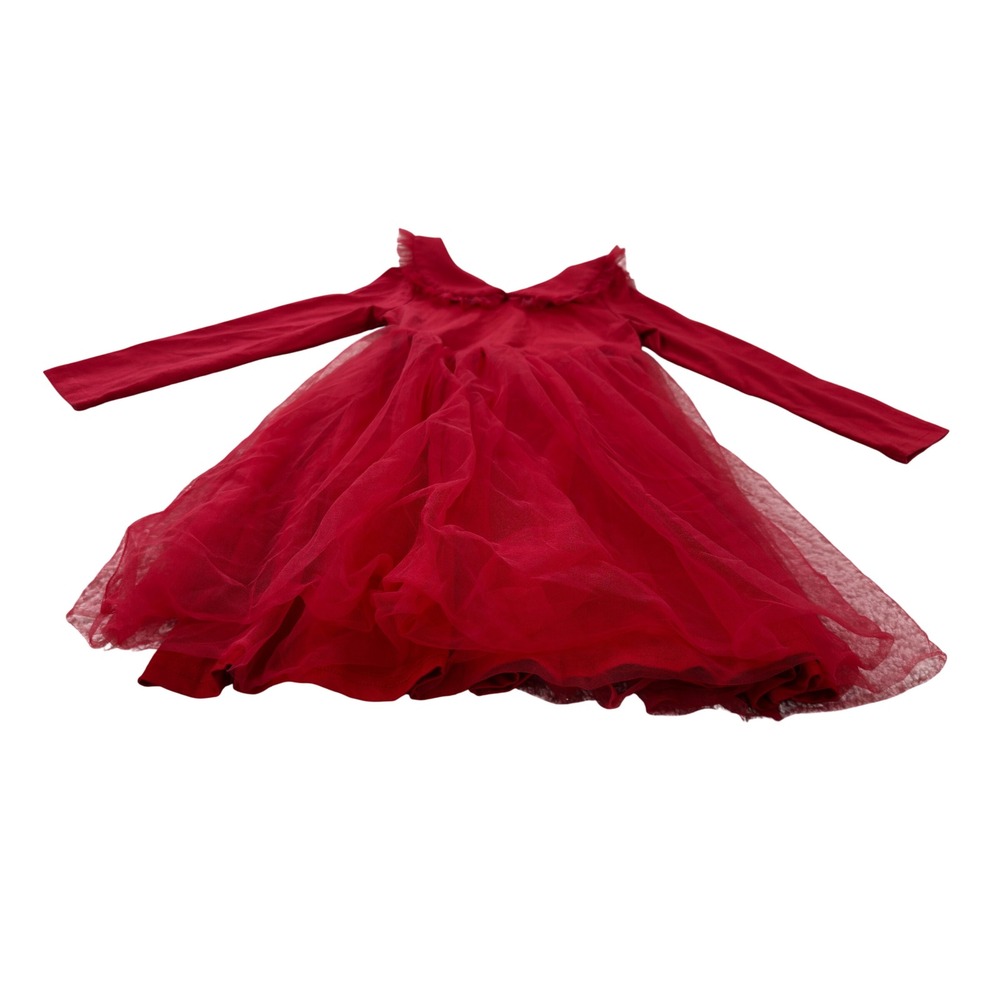 Arshiner Girls Red Tulle Party Dress Long Sleeve Peter Pan Collar Size 110 4T 5T - Picture 2 of 8